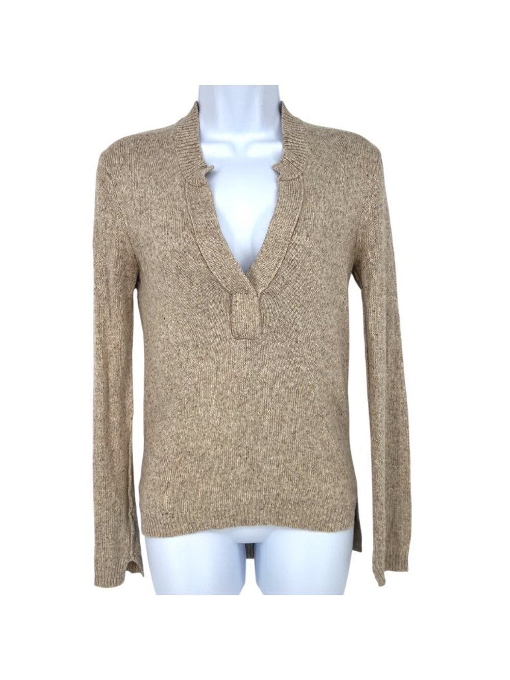 Brochu Walker Dormer Henley Sweater Linen Blend Split V-Neck Beige Knit Size XS